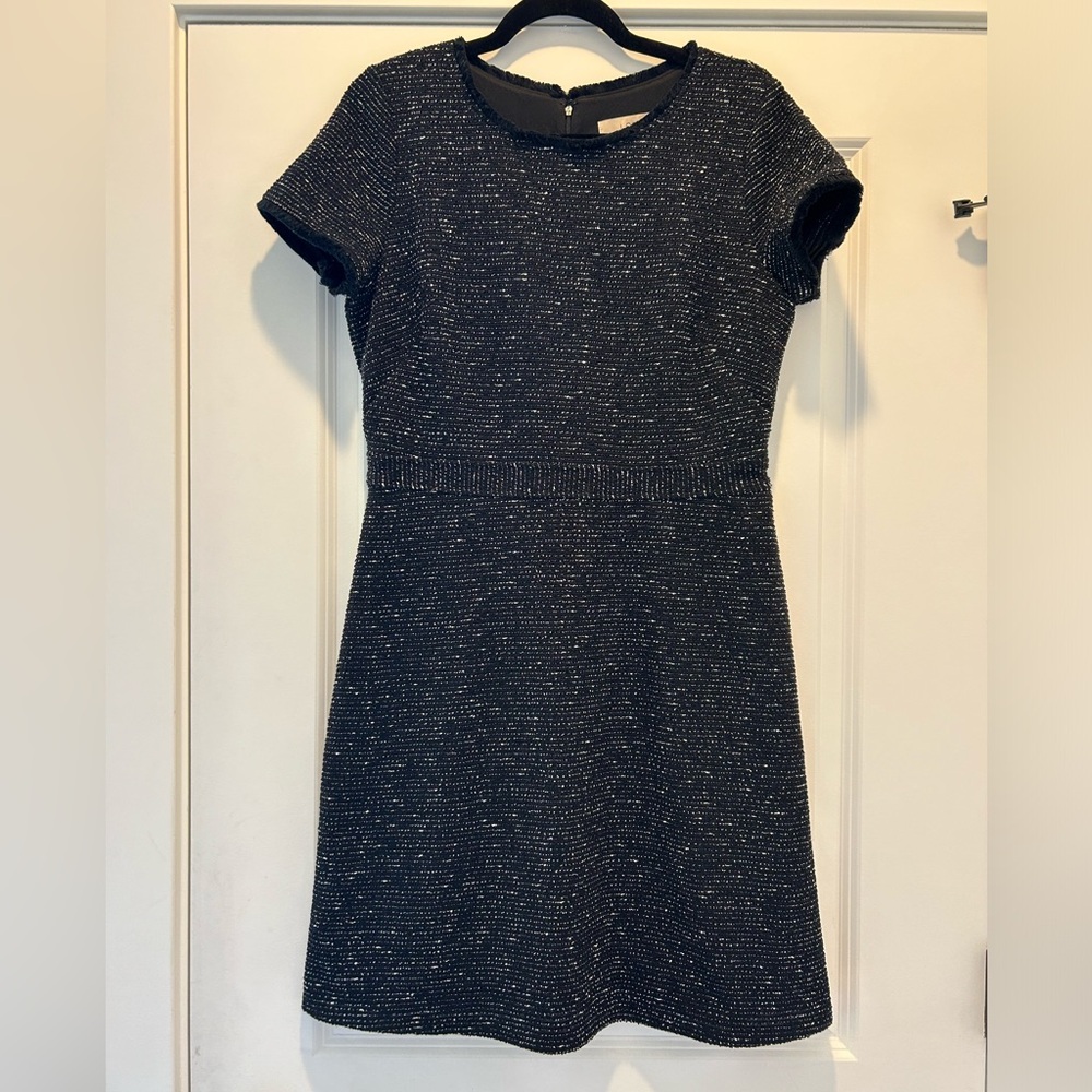 Ann Taylor Loft Black White Tweed Knit Fringe A Line Short Sleeve Dress